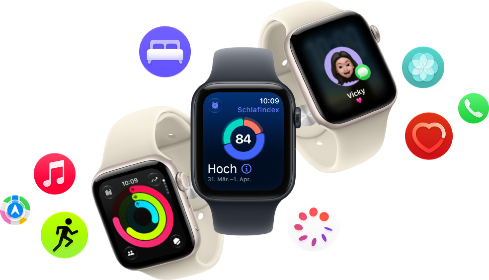 Drei Apple Watch SE 3 Geräte schweben nebeneinander: eines mit Aktivitätsringen, eines mit Schlafindex und eines mit einer eingehenden Textnachricht